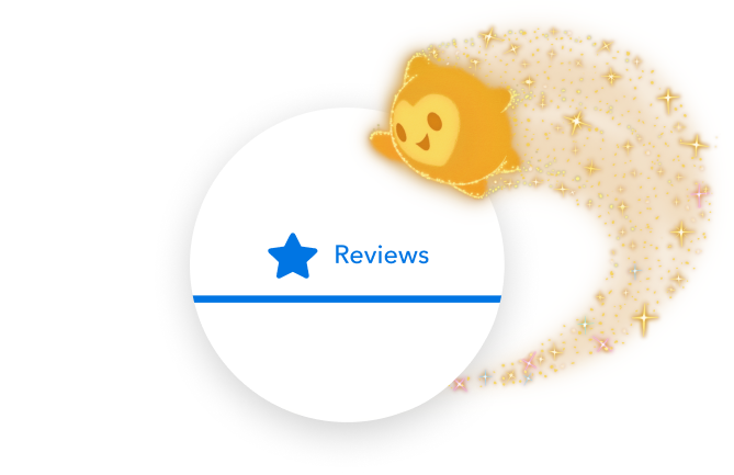 An animated star with trailing stardust and a call to action with a button for leaving a review